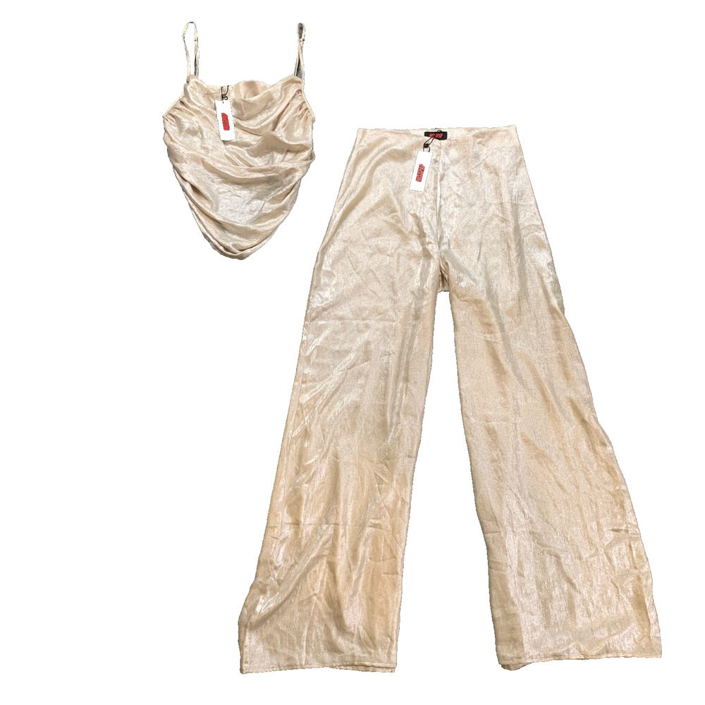 MissPap Top Trousers Womens 4 Champagne Lame Draped Bust Wide Leg Metallic 2 Pc